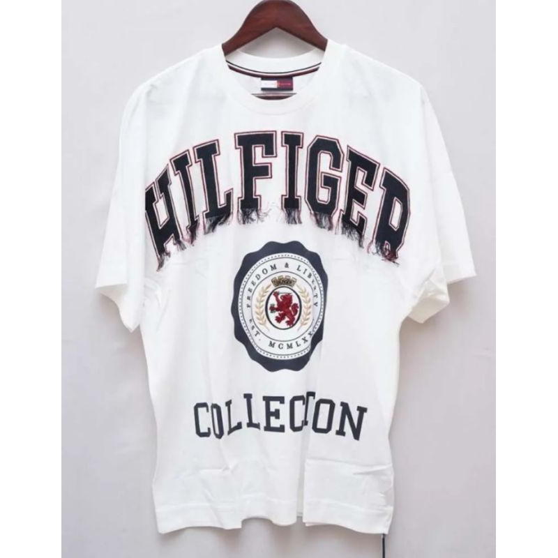 TOMMY HILFIGER Big Fringed Logo Oversized T-Shirt in White/Black