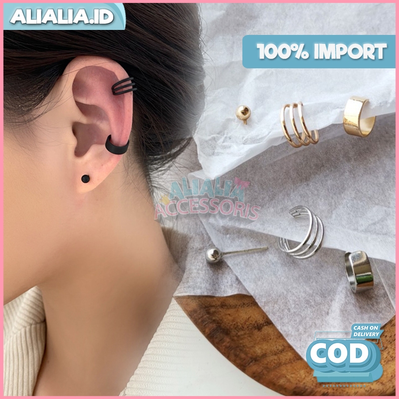 Anting Jepit Wanita Korea 1 Set 3 Pcs Aksesoris Fashion Gaya Vintage Hiasan Perempuan