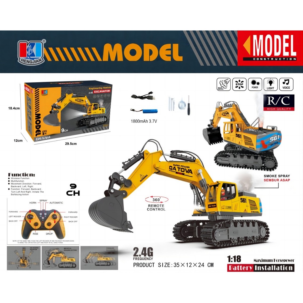 HENGJIAN RC EXCAVATOR TRUCK KONSTRUKSI BEKO 360 REMOTE CONTROL 6CH 1:18 VERSI BARU BATERAI CAS LITIU