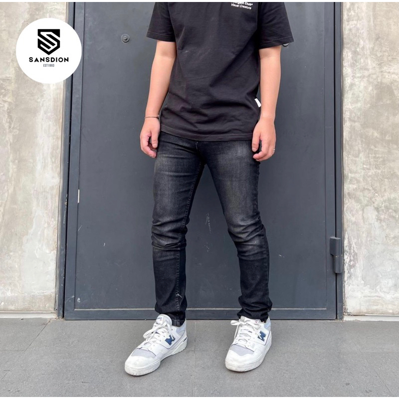 Sansdion Celana jeans pria black jazz polos whosing scrab skinny slimfit casual