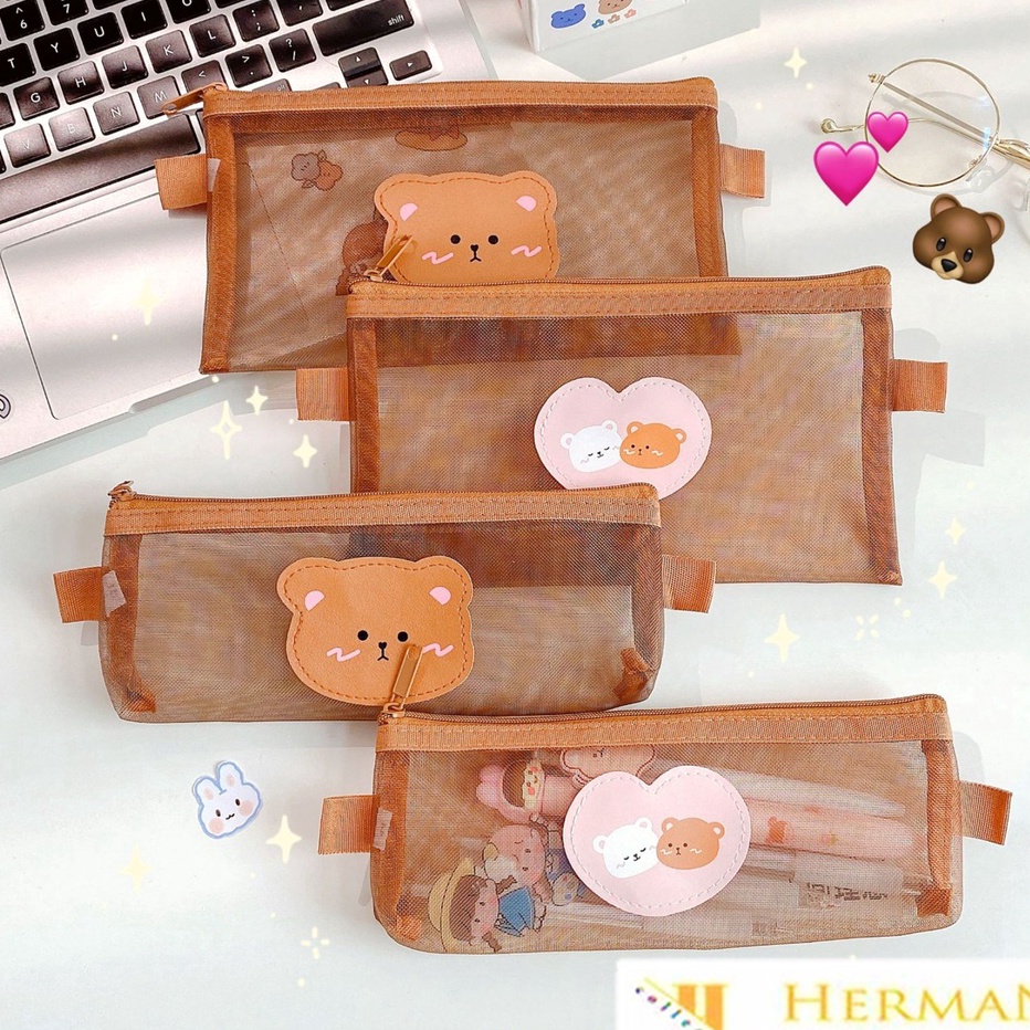 

➻➶✱✼ HC Tempat Pensil Zipper Coklat Motif Beruang Dompet Pensil Coklat Lucu Motif Bear Tempat Makeup Teddy Brown Model Jaring Transparan dan Multicolour Cute