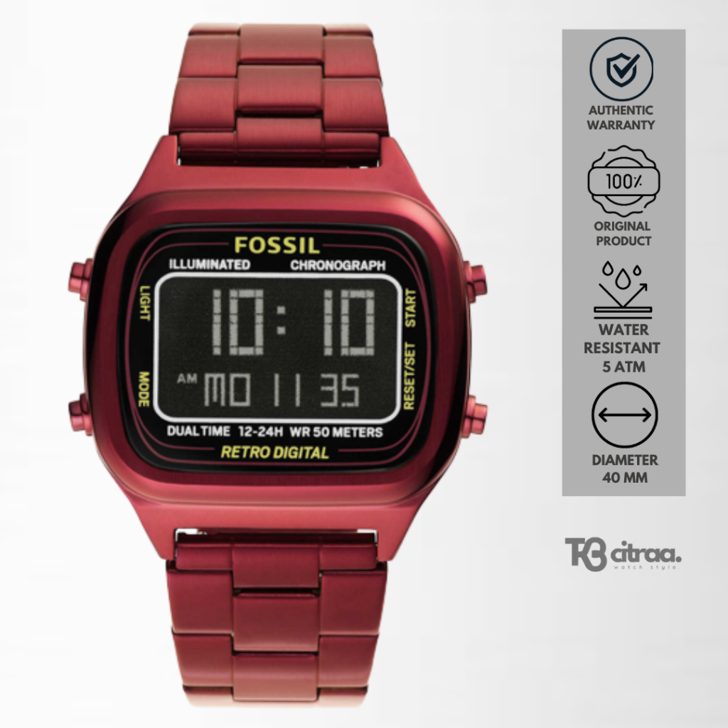 jam tangan unisex fossil couple retro digital red rantai stainless steel luxury watch mewah water resistant casual elegant original FS5897