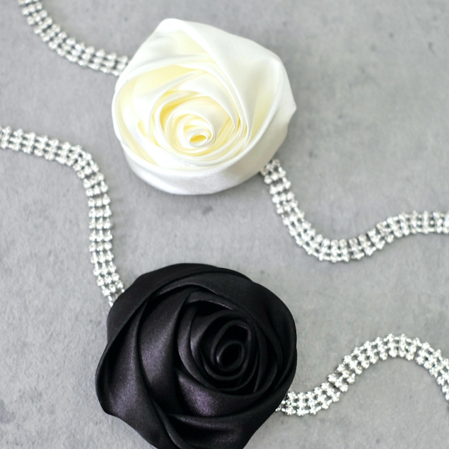 AUDREY - Rose Flower Satin Fabric Rhinestone Choker Necklace