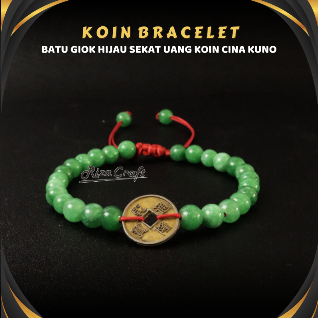 KOIN BRACELET - Gelang Batu Alam Giok Hijau Sekat Koin China Kristal Serut Tali Merah Kecil Akik Aes