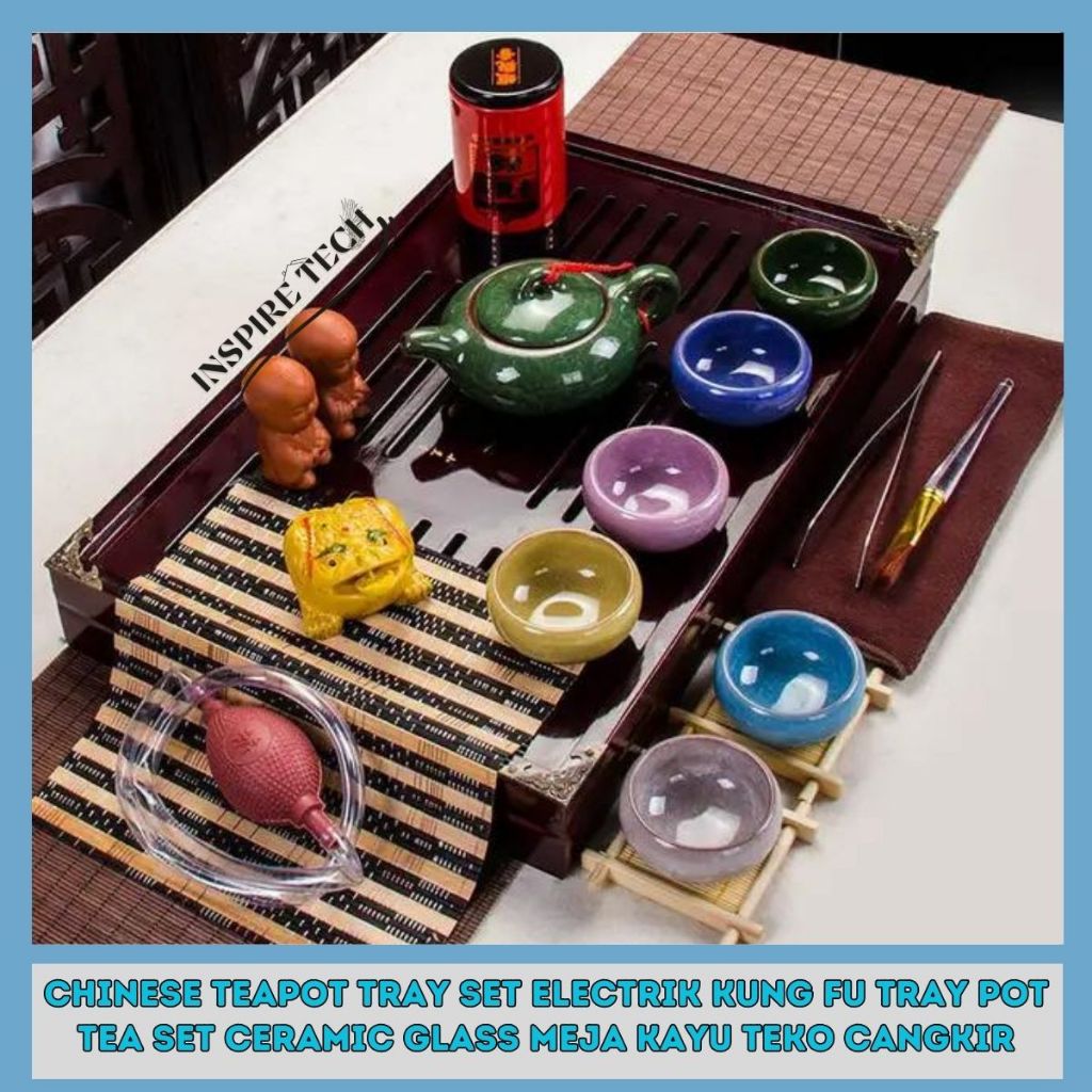 CHINESE TEAPOT warna warni TRAY SET ELECTRIK  TRAY POT TEA SET CERAMIC GLASS MEJA KAYU TEKO CANGKIR