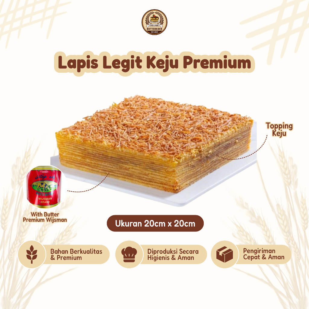 

Lapis Legit Premium Toping Keju Moist Full Wisman Butter Ukuran 20cm x 20cm