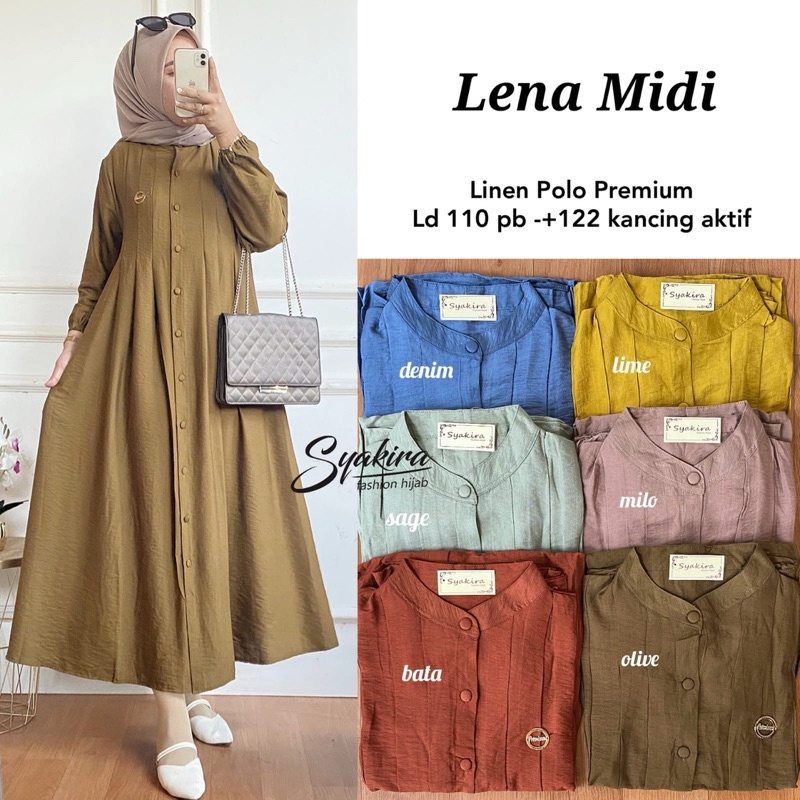 Lena Midi Gamis Wanita Bahan Polo Linen Busui | Gamis Polos
