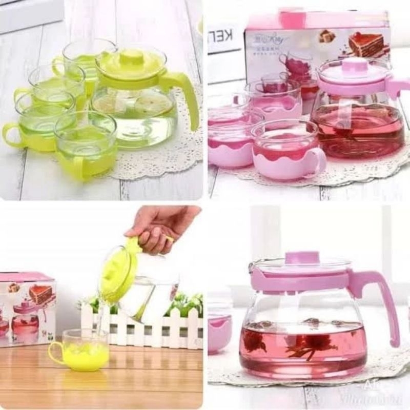 Teapot Set 5IN1 Tea Set Lengkap | Teko Teh + Cangkir + Saringan | Set Teh Kaca / Keramik Elegan