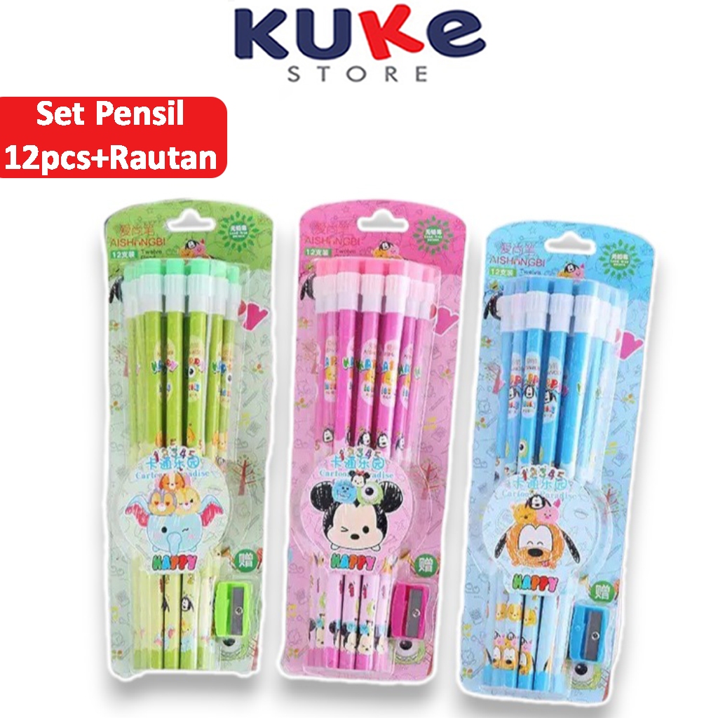 

KUKE Set Pensil Karakter 12pcs+Rautan / Mini Stationery / Alat Tulis Sekolah / Paket Alat Tulis Pensil Set 12PCS