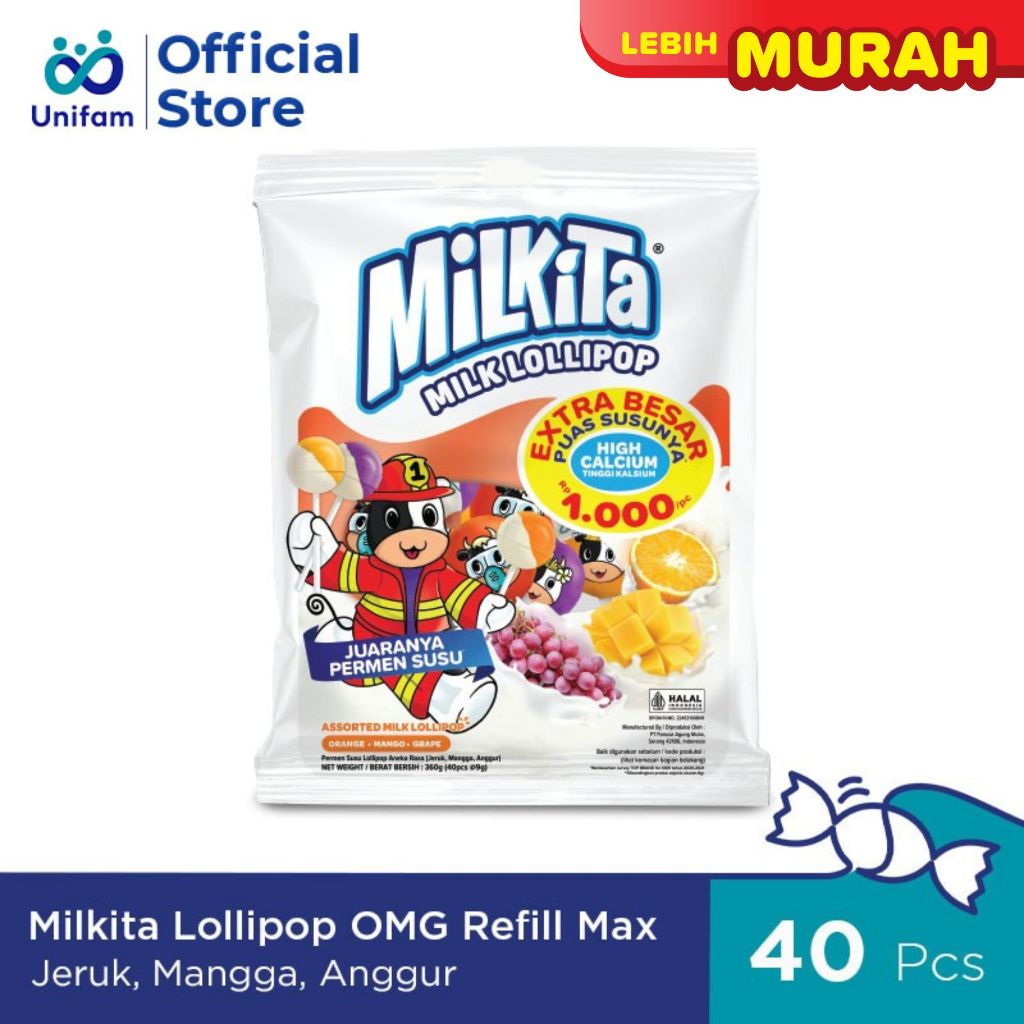 

Milkita Permen Lolipop Susu Max Refill - Milk Candy 1 Bag (Isi 40Pcs) @9 Gram - Jeruk, Mangga, Anggur