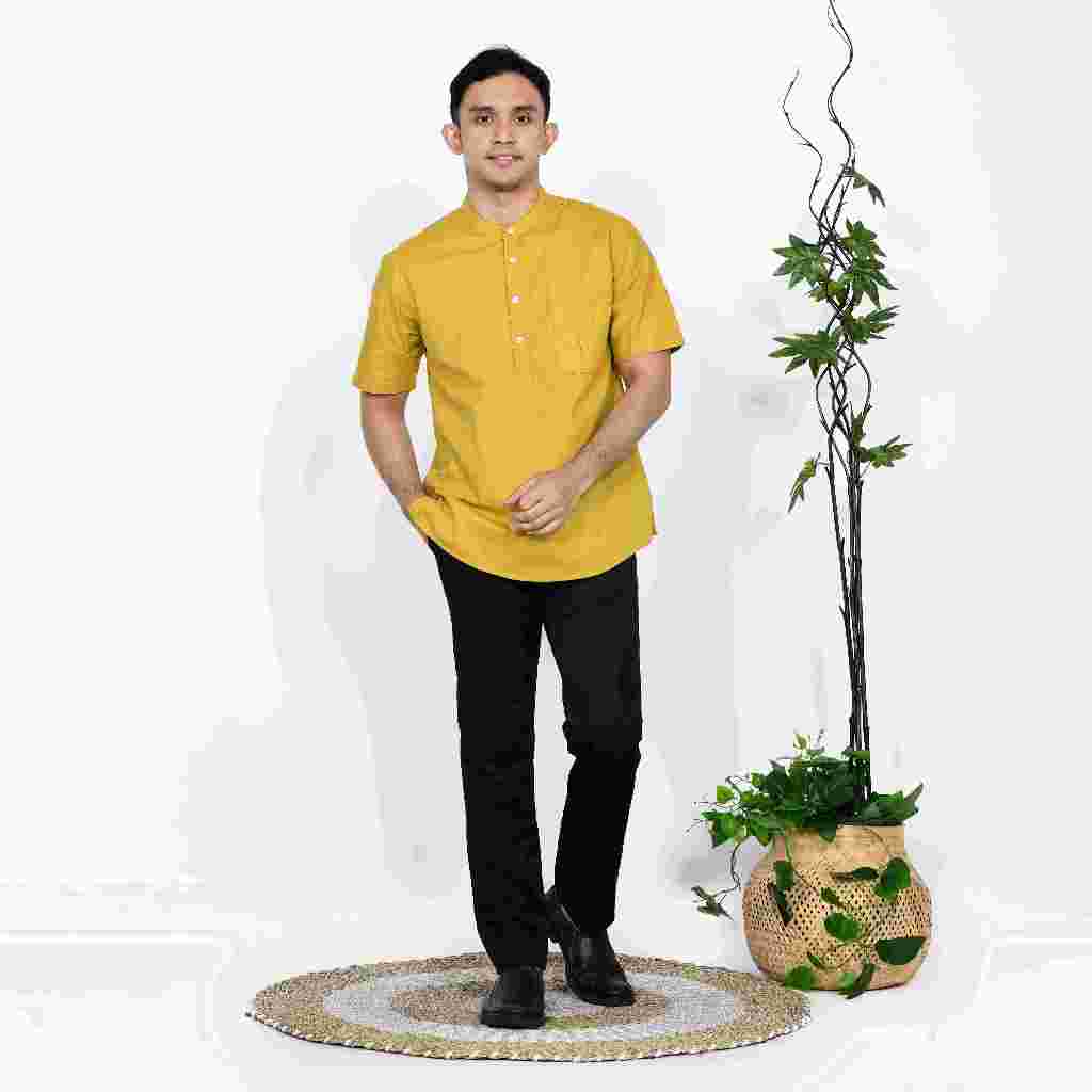 Baju Koko Pria Dewasa Kurta Taqwa Pakaian Muslim Lengan Pendek Kuning Lemon
