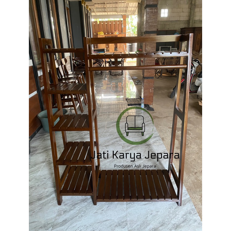 Standing Hanger Rack Kayu Modern Dengan Penyimpanan Sepatu - Jati Karya Jepara