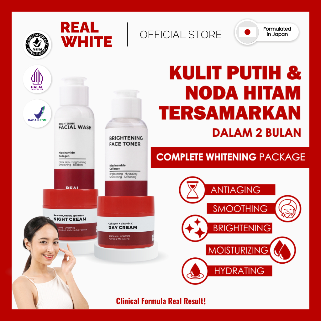 𝐑𝐄𝐀𝐋 𝐖𝐇𝐈𝐓𝐄 Complete Brightening Package +Tas | BPOM HALAL Paket Skincare Krim Pagi Malam Cream Day N