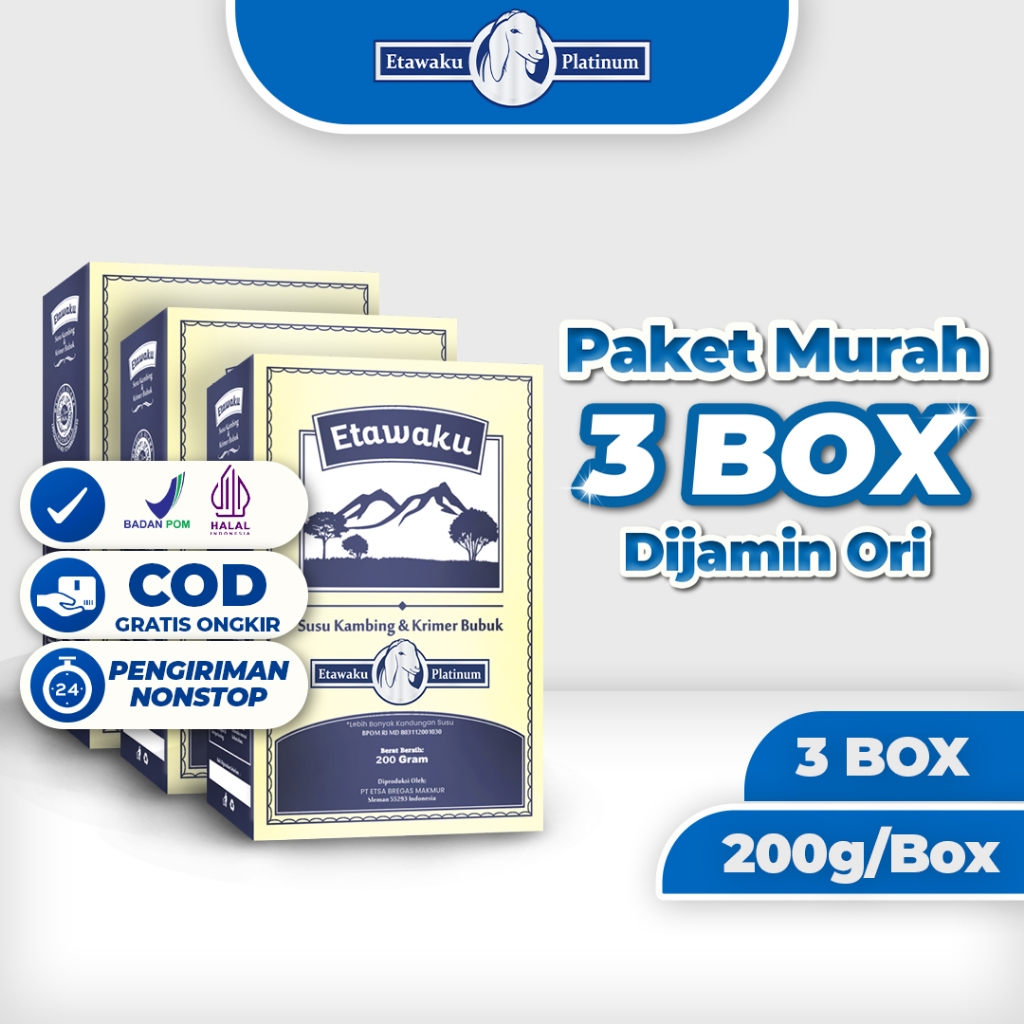 

Etawaku Platinum 3 Box Atasi Masalah Pernafasan - Susu Kambing Bubuk Provit Etawa Tingkatkan Daya Tahan Tubuh 200 gram