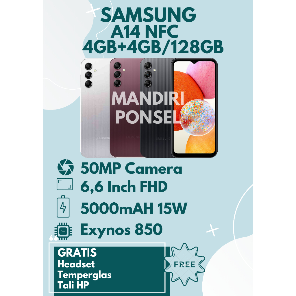 SAMSUNG A14 NFC RAM 8GB (4+4 EXTEND/128GB) GRATIS HEADSET, TEMPERGLAS dan TALI HP