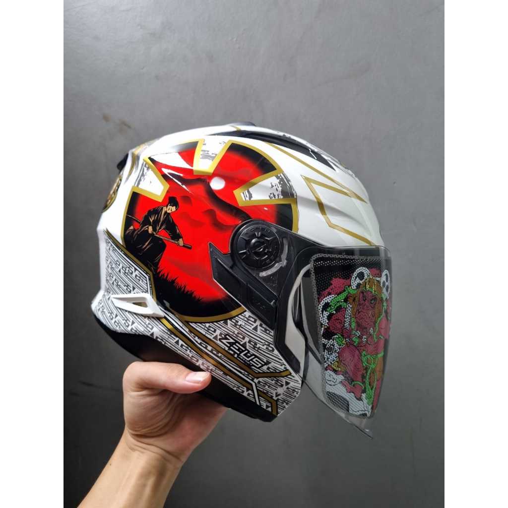 ZEUS 613B WHI AJ20 RED HALF FACE DOUBLE VISOR