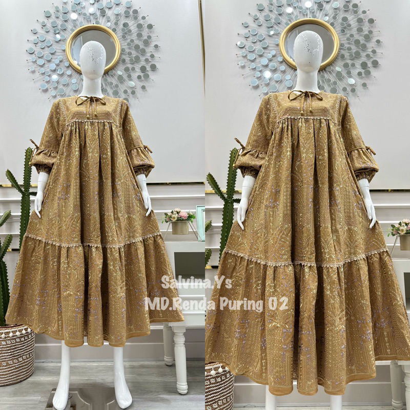 SalvinaYs Midi bordir aina renda lengan balon denada