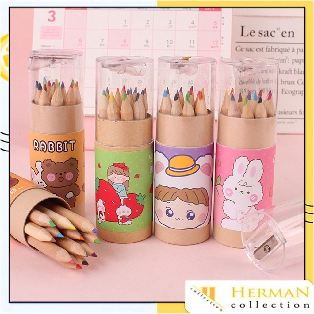 

HM Pensil Warna 12 IN 1 + Serutan Karakter pensil warna Kemasan Tabung