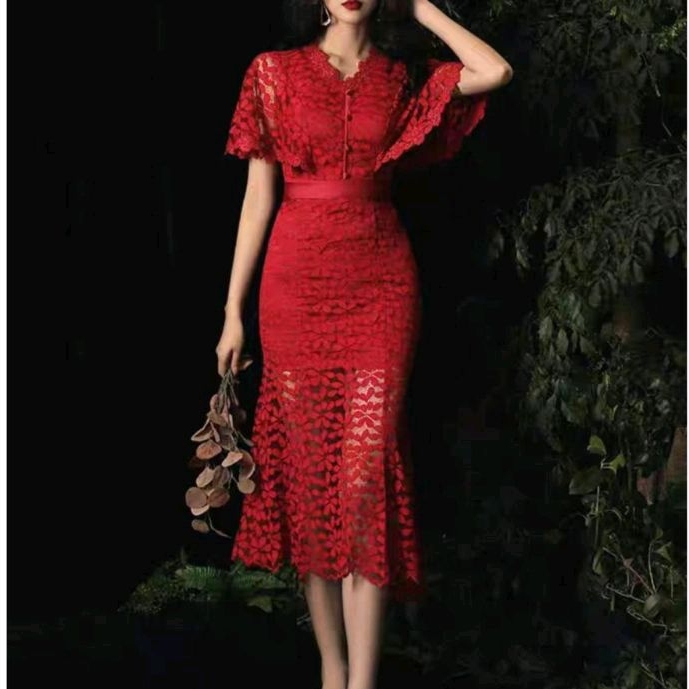 0939 Baju mididress CNY XINYI LACE ASYMMETRIC MIDI DRESS brokat merah polos bodycon dres Korea Korea