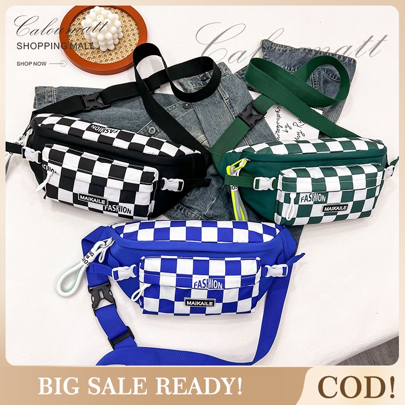 Tas Bahu Olahraga Tas Pinggang Kasual Tas Pinggang Wanita Kotak-kotak Hitam dan Putih Jepang