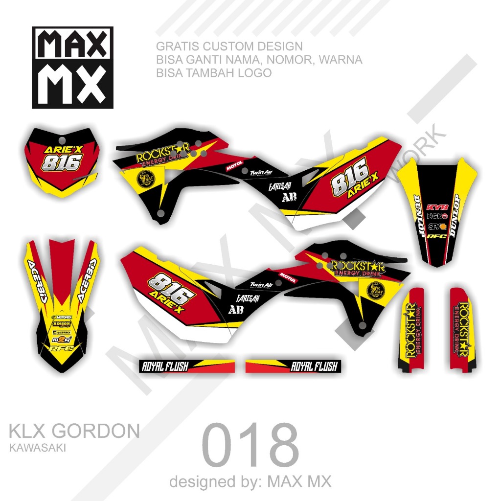 Decal Stiker Klx Gordon Dekal Variasi Stiker Striping Custom rockstar hitam kuning merah simple D-A5