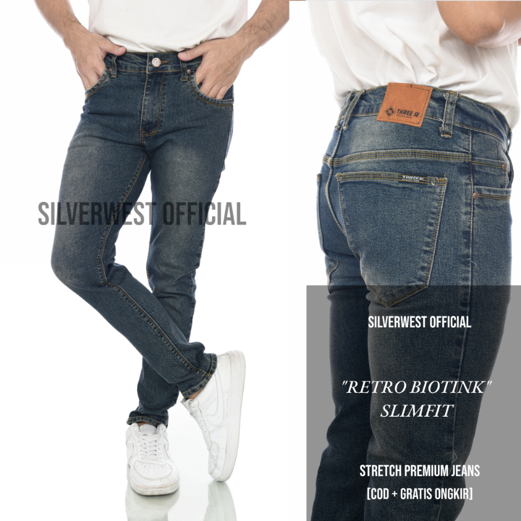 Celana Jeans Panjang Pria Stretch Slim Fit Melar Tebal Biru Retro Biotink Hijau Gelap Denim Cowok