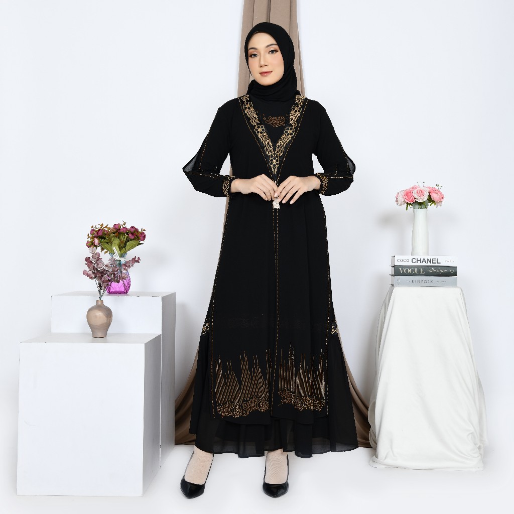 Abiyyuco TA9042 | Gamis Abaya Turki Bordir Rempel Turkey Hitam Putih Ready Jumbo LD 125 Turky Terbar