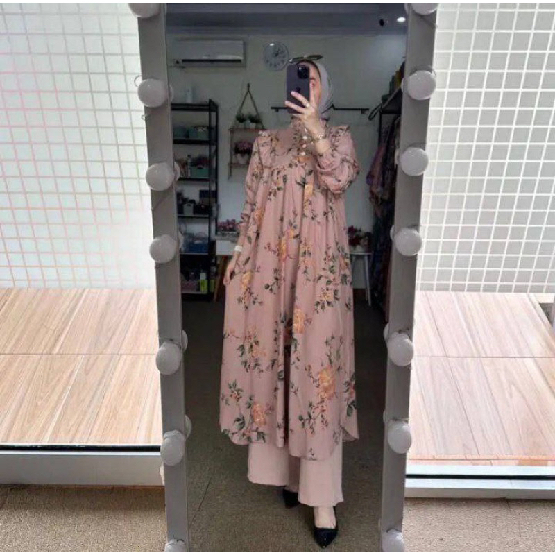 HOT SALE Setelan Long Tunik Motif Bunga Jasmine Kecil Bahan Rayon Diamond Celana Cringkel