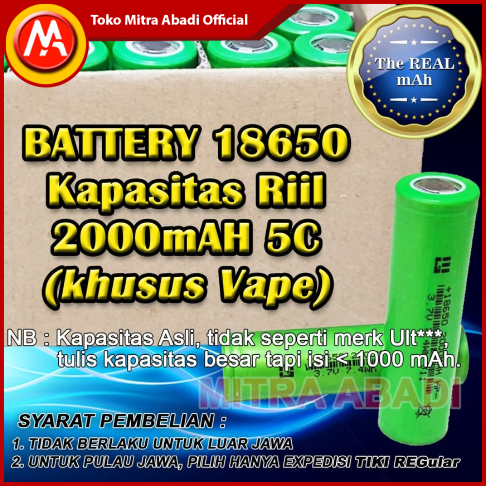 Baterai/Batre/Battery 18650 Kapasitas Riil 2000 mAh 5C (Khusus VAPE)