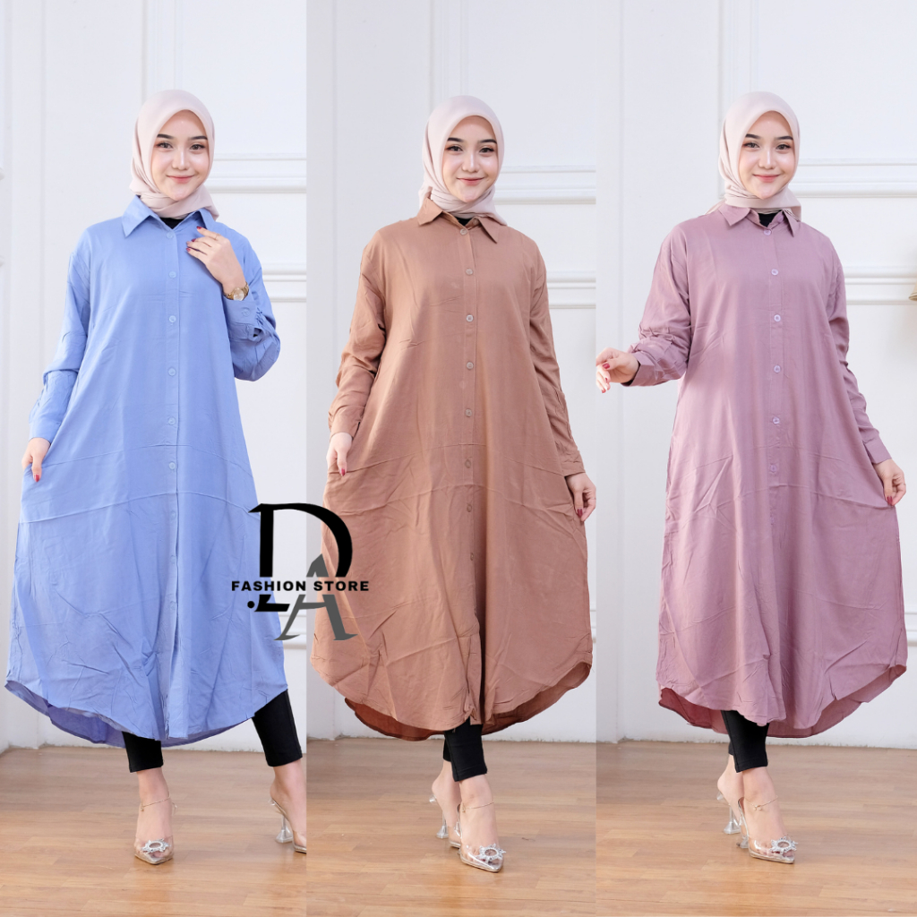 Atasan Long Tunik Polos Wanita Bahan Katun Rayon Twill Busui Basic