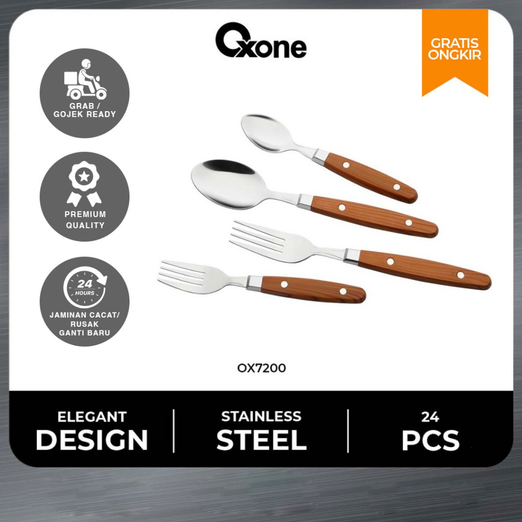 Oxone OX7200 Sendok Makan Set Stainless Gagang Kayu  24 Pcs