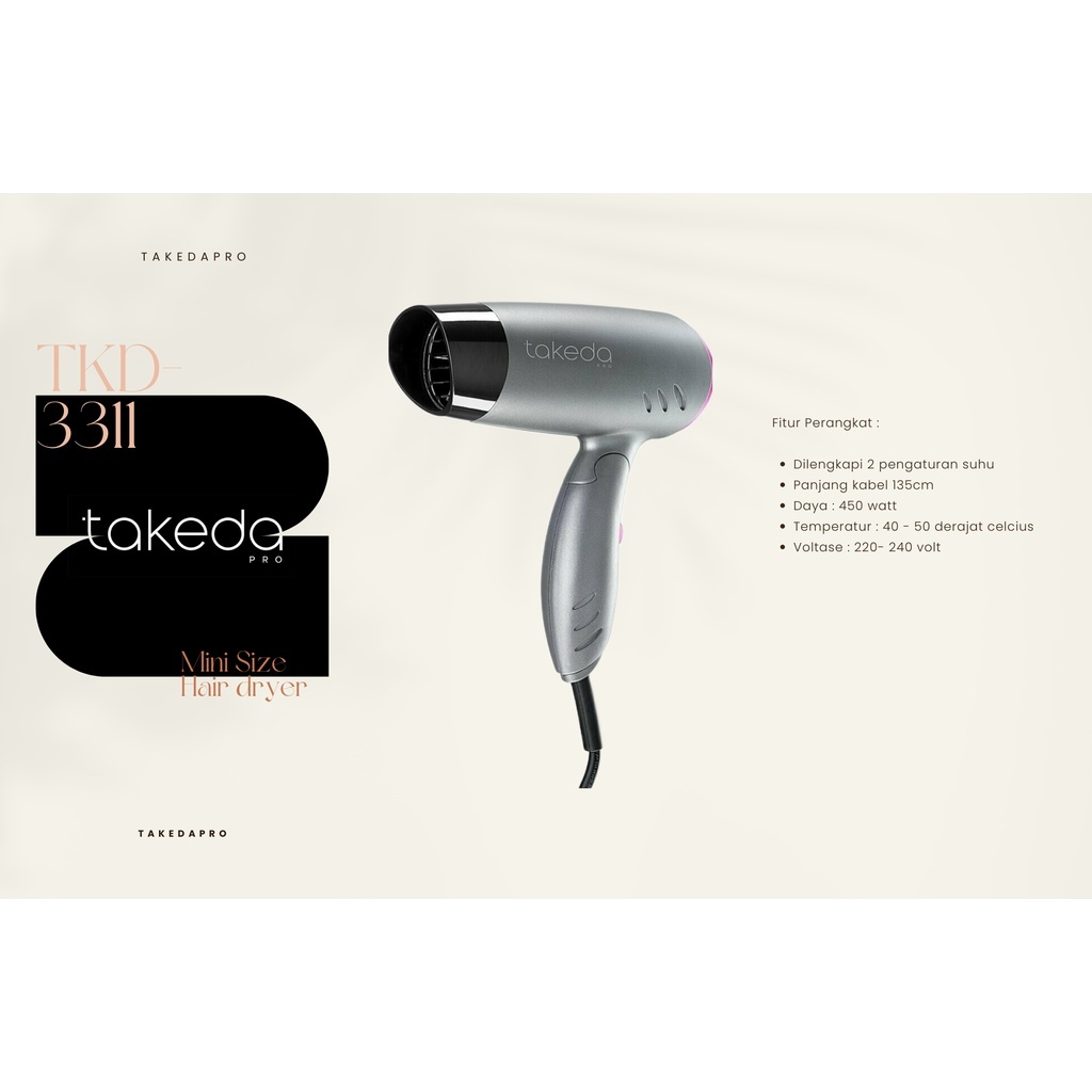 Hair Dryer TakedaPro TKD-3311 Mini Size murah