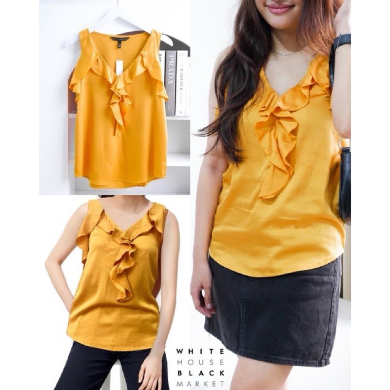 WHBM Satin Gold Ruffle Top/ Sleeveless/ Blouse Wanita