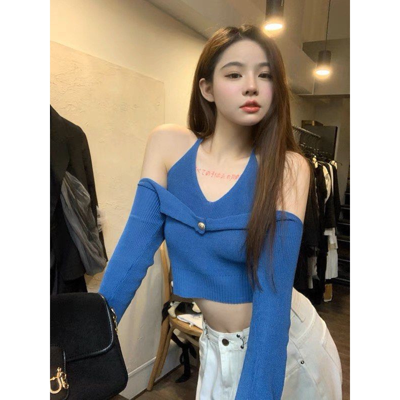 Cross Straps Knitted Long Sleeve Crop Tops Korean Sweater Off Shoulder Straight Neck Tops