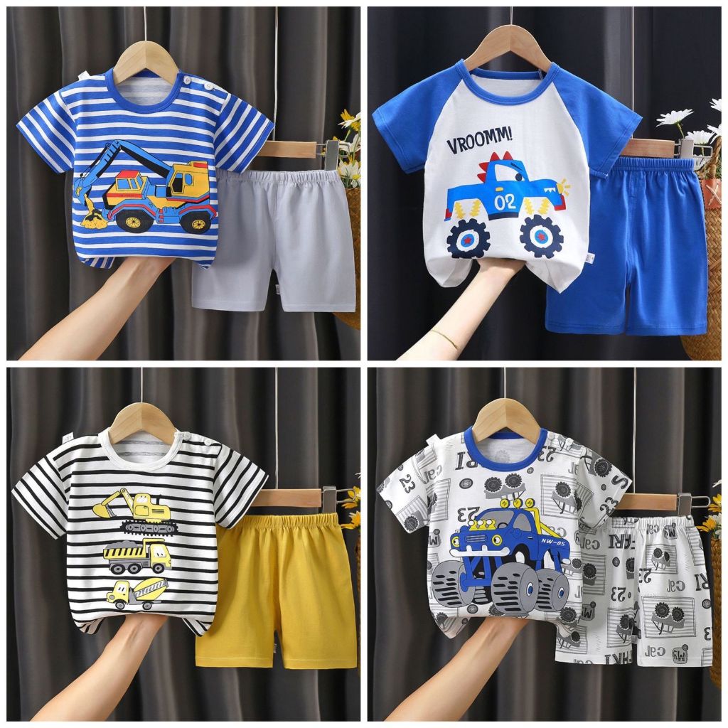 Setelan Anak Laki Laki / Baju stelan anak cowok bayi balita keren Traktor Excavator Jeep umur newbor
