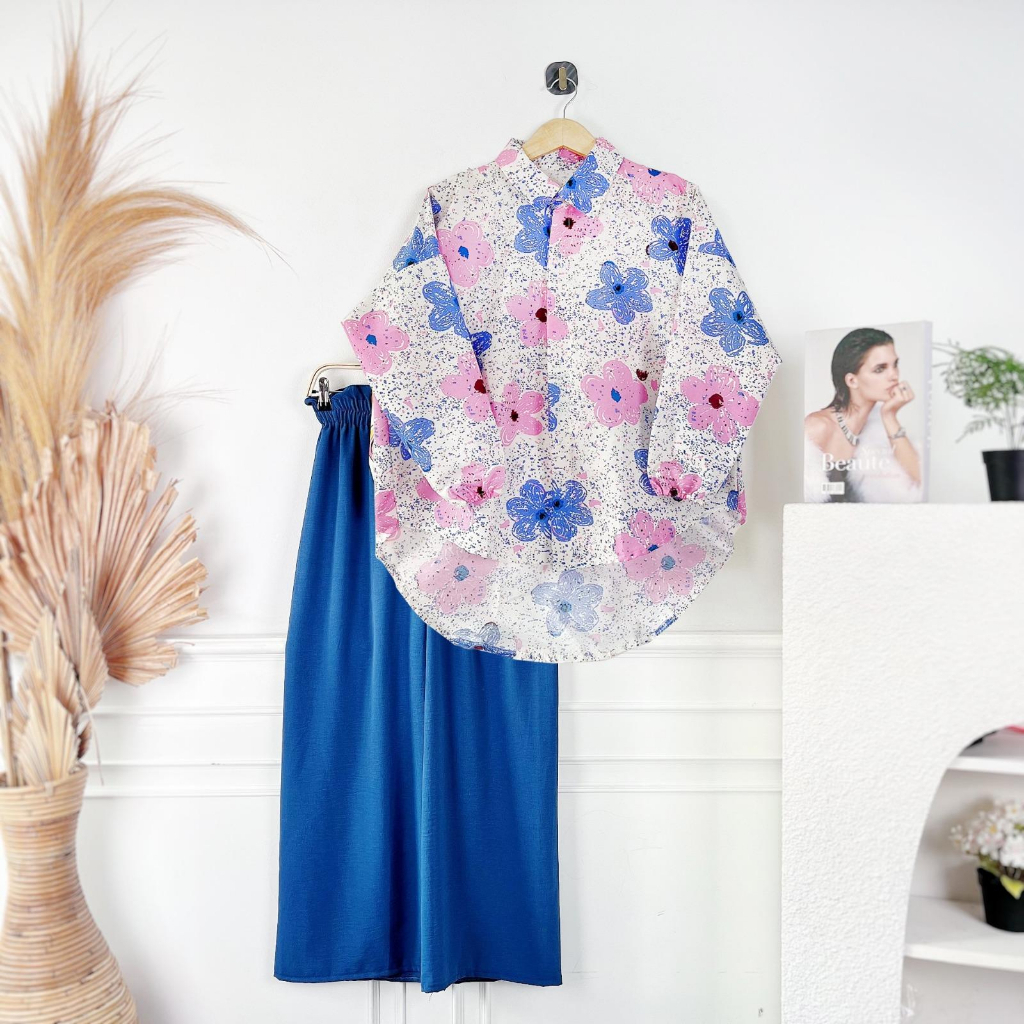 Setelan Wanita Motif Bunga Tanpa Belt Faira Oneset Baju Santai