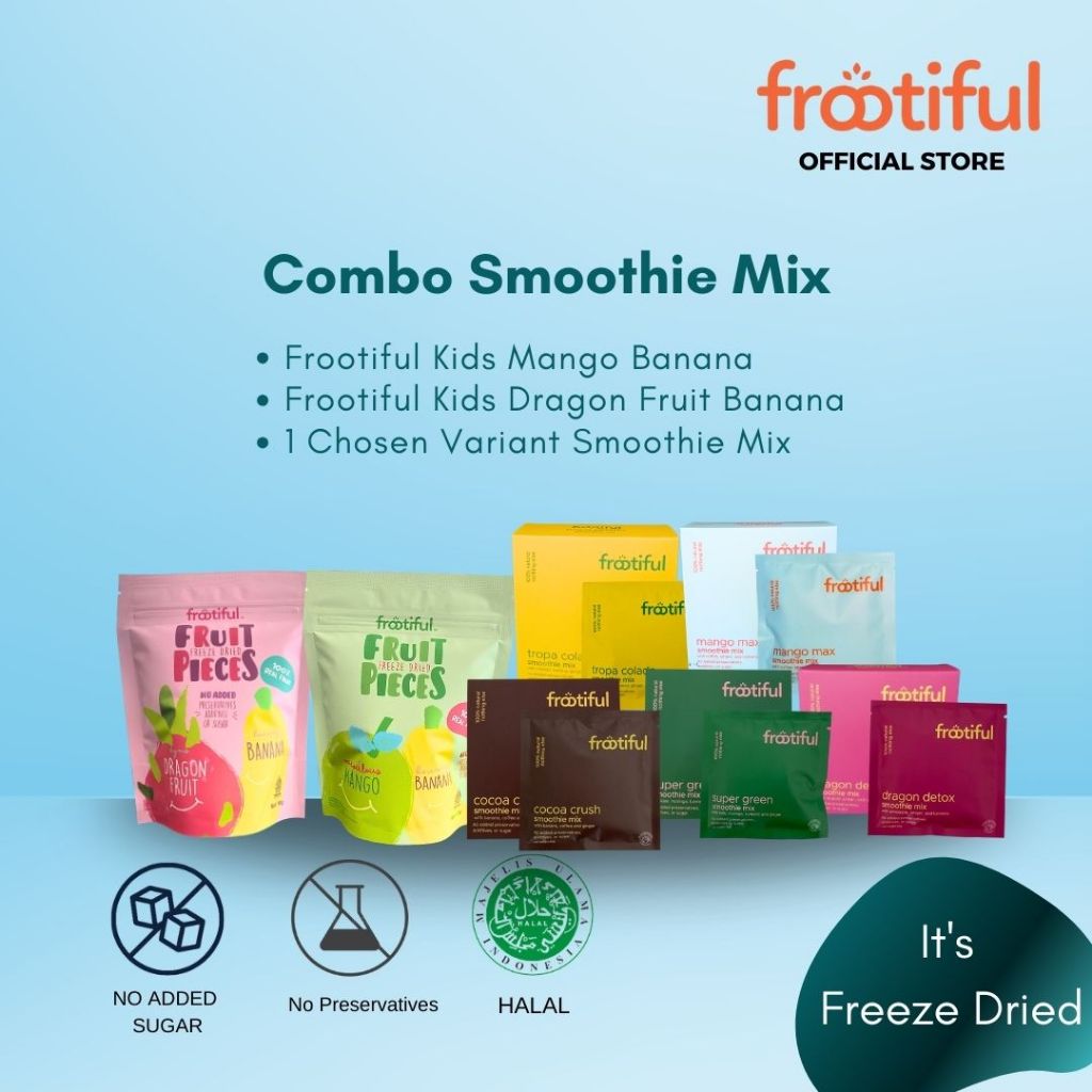 

Combo Freeze Dried Kids Dragon Fruit 10gr, Mango Banana 10gr dan Smoothie Mix