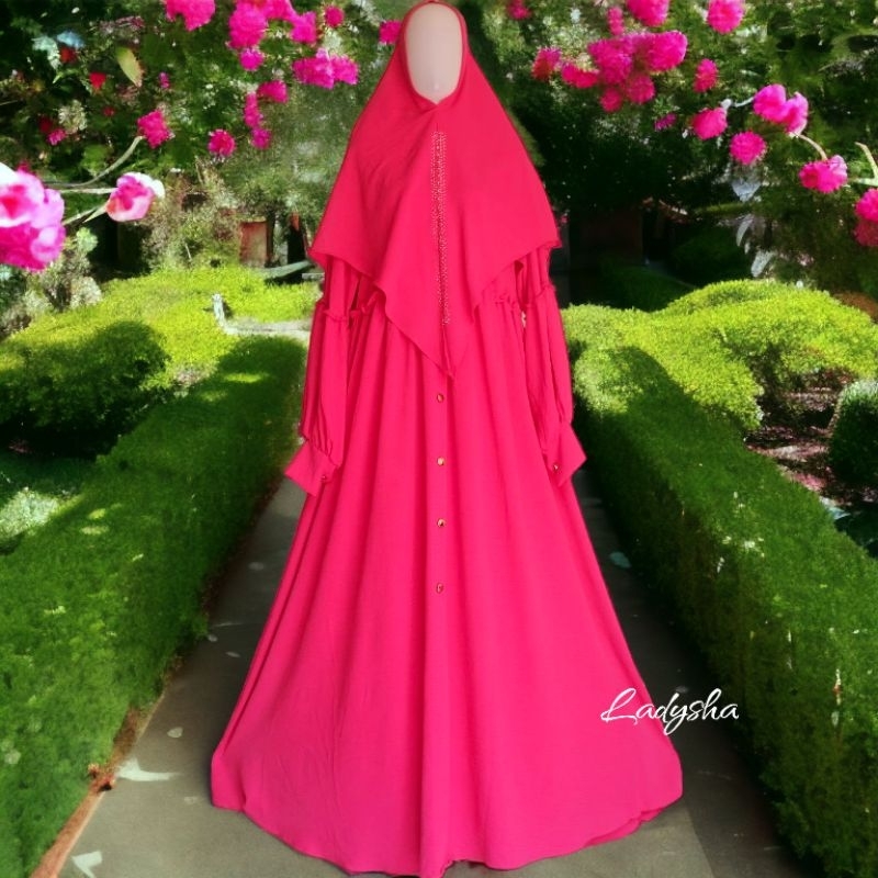 Gamis set hijab bergo crinkle airflow pink fanta