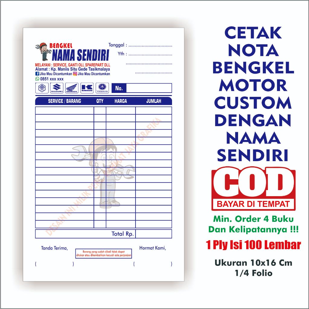 

Cetak Nota Bengkel Motor Custom 1 ply Isi 100 Lbr Free Desain Min. order 4 buku Rahmat Jaya Grafika