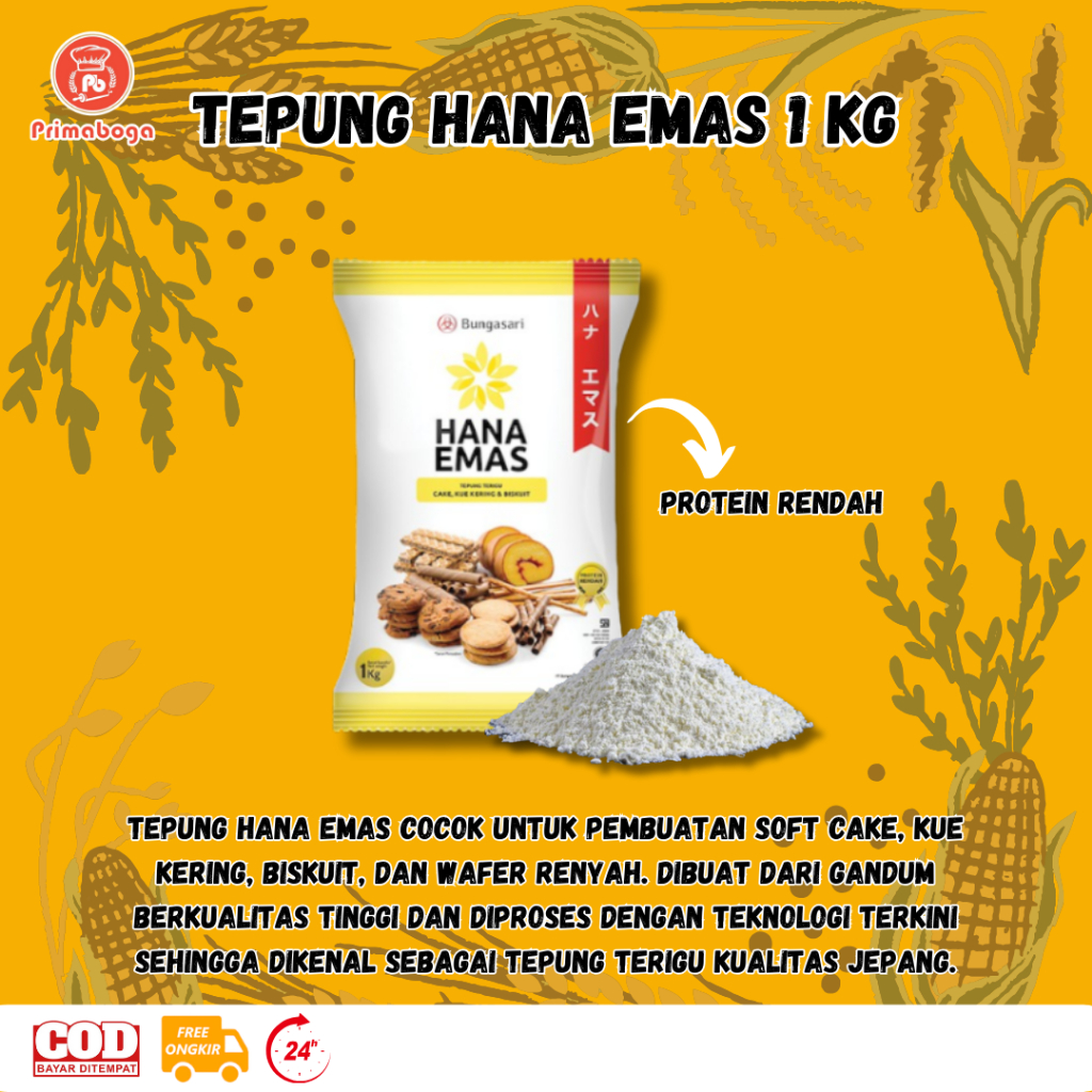

Terigu Hana Emas 1kg / Bubgasari Hanaemas / Terigu Protein Rendah