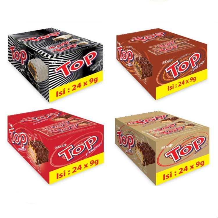 

DELFI TOP WAFER BOX COKLAT (ISI 24x9GR) - WAFER COKLAT STRAWBERRY / CHOCOLATE / DOUBLE CHOCOLATE / BLACK WHITE