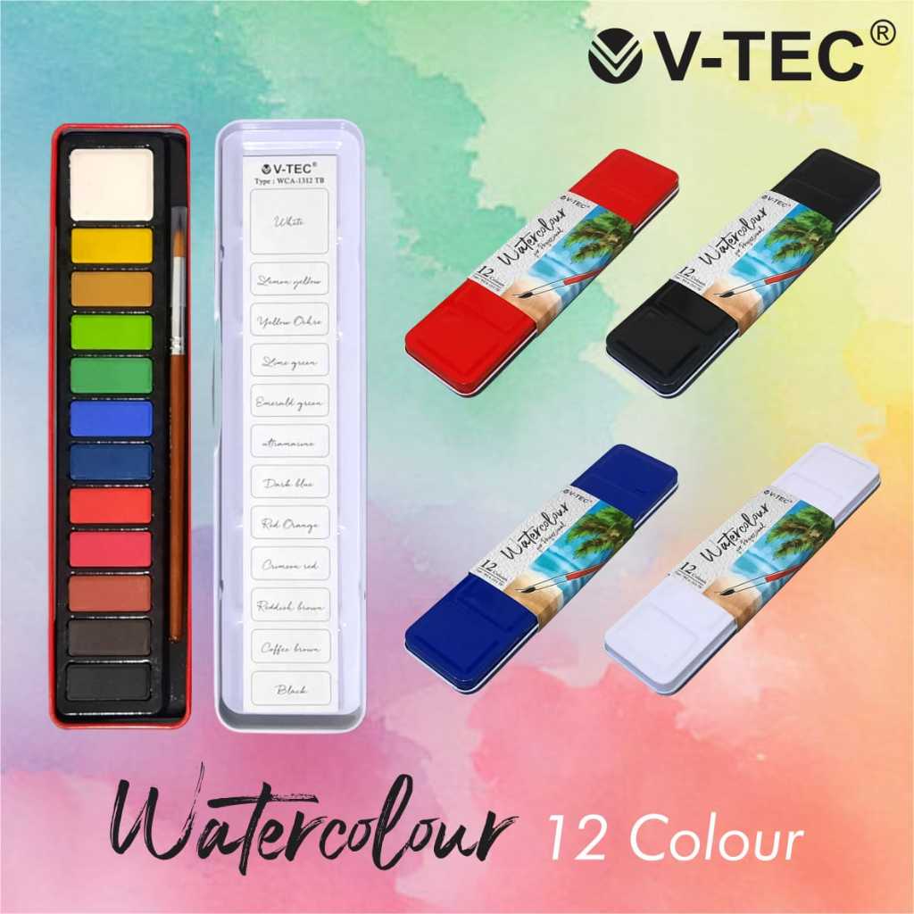 

Cat Air 12 Warna Vtec WCA-1312 Kemasan kaleng Tutup Pallete - Water Colors Pallete Vtec 12 Warna Bonus 1pcs Kuas