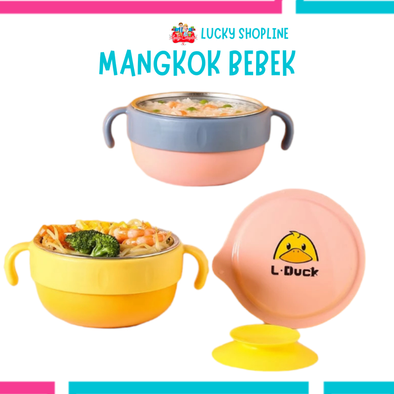 [BIG SALE] Mangkok Makan Stainless Steel Suction Karakter Bebek + Tutup Fresh Bowl Set Mangkok Cangk