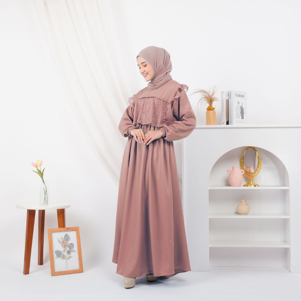 Maria Collection Meysha Dress Gamis Elegan Kondangan Muslim Mewah Shakila Kombinasi Brokat Cantik Wanita Nyaman S fit L Busui-khaki
