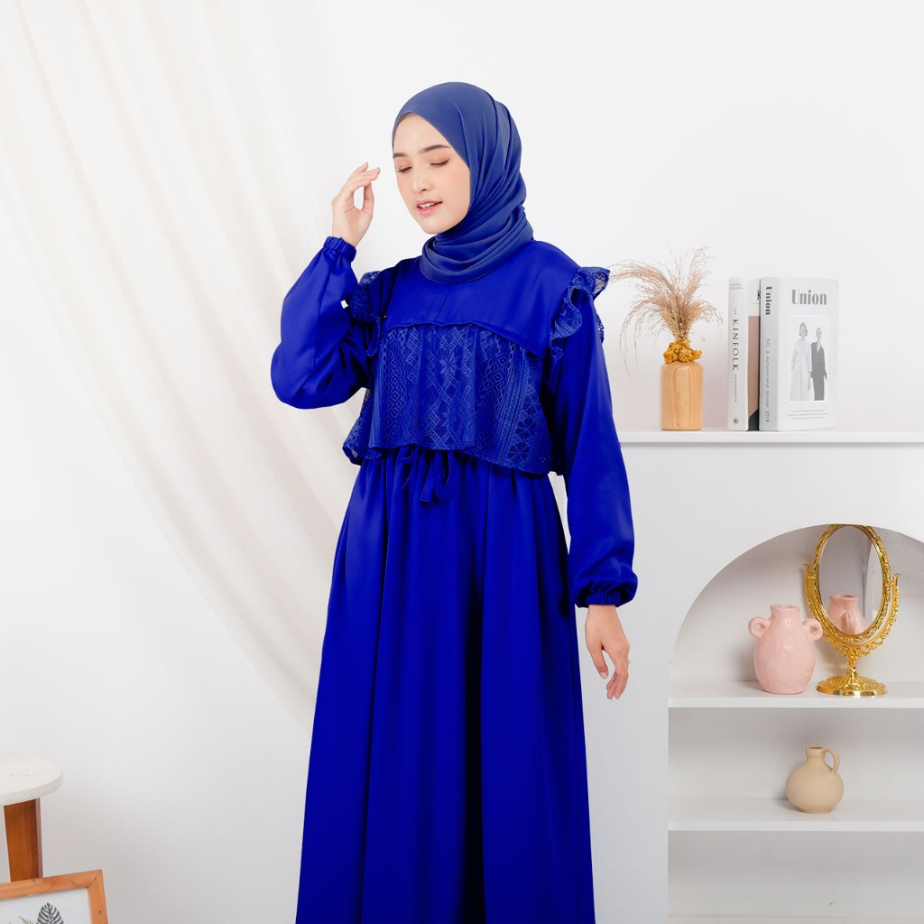 Maria Collection Meysha Dress Gamis Elegan Kondangan Muslim Mewah Shakila Kombinasi Brokat Cantik Wanita Nyaman S fit L Busui-navy