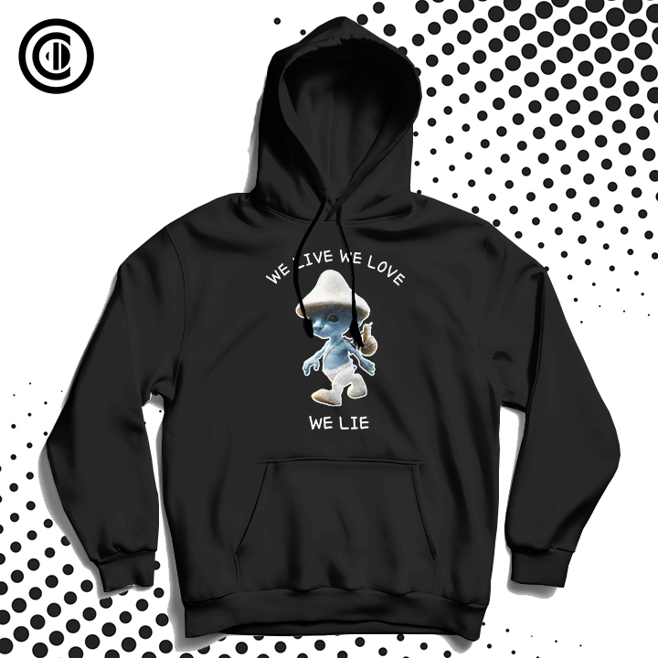 HOODIE HITAM MEME WE LIVE WE LOVE WE LIE SMURF CAT
