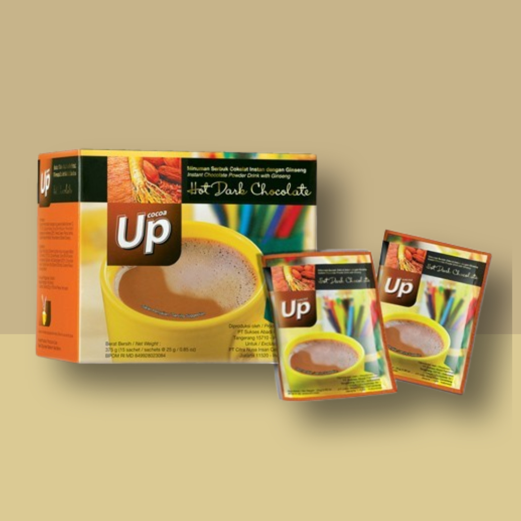 

Up hot dark chocolate CNI minuman cokelat instan perpaduan dark chocolate, ekstrak ginseng dan susu skim 15 sachet
