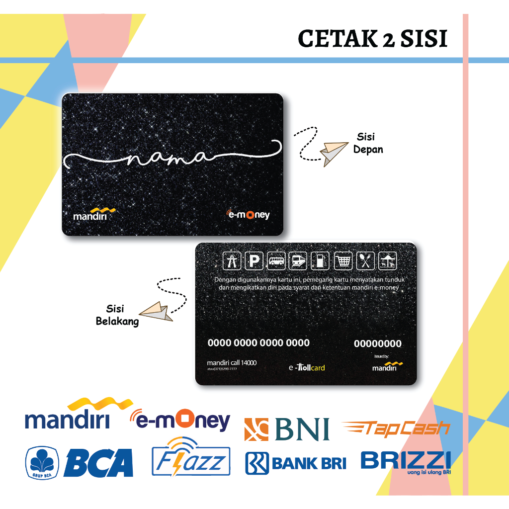 KARTU EMONEY CUSTOM NAMA GLITTER BLACK WHITE MANDIRI FLAZZ BCA GEN 2 BNI TAPCASH BRIZZI BRI - 2 SISI