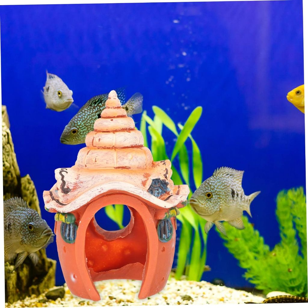 dekorasi aquarium rumah atap keong orange, rumah kelomang orange, rumah atap keong, rumah keong, rum