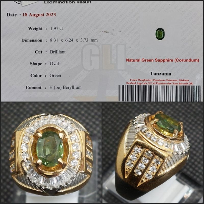 Cincin Pria Natural Green Saphire Safir Sapir + Memo GLI